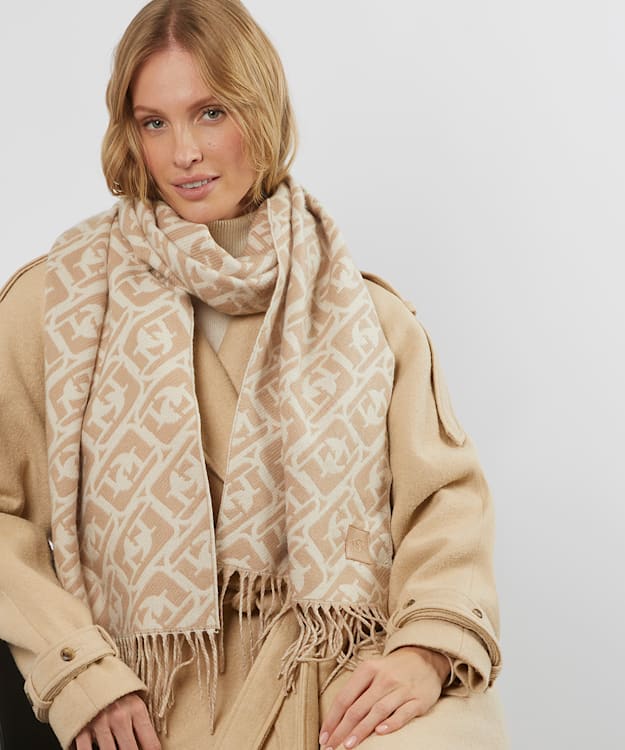 Dune London Luke - Cream Logo Print Fringed Scarf