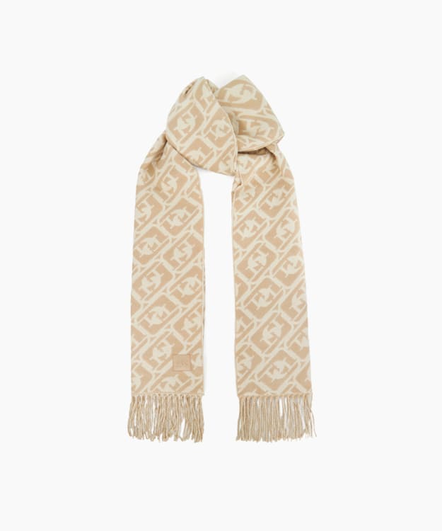 dune london Luke - Cream Logo Print Fringed Scarf