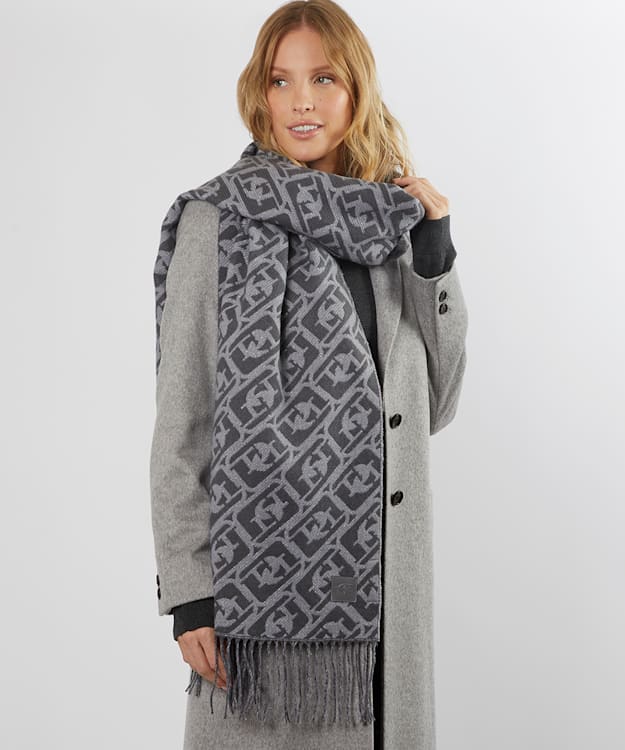 Dune London Luke - Grey Fringe-Trim Monogram Scarf