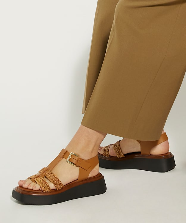 Dune London Lyons - Tan Woven Leather Wedge Sandals