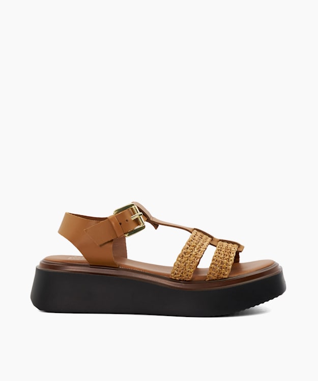 dune london Lyons - Tan Woven Leather Wedge Sandals