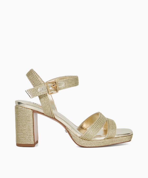 dune london Manifesting - Gold Block Heel Sandals