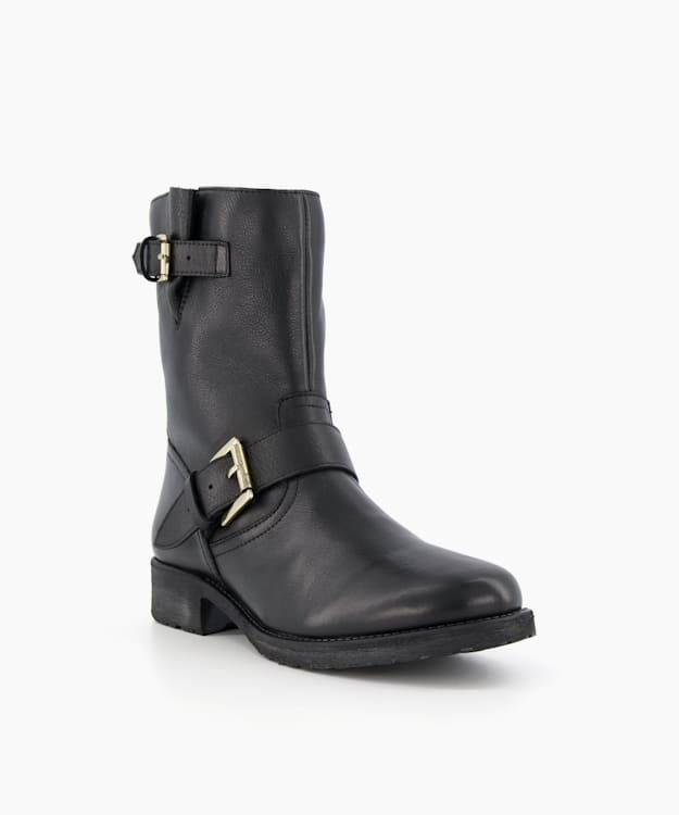 Dune London Rokka - Black Buckle Strap Biker Boots