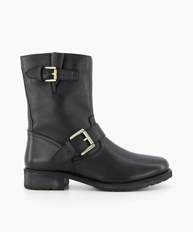 dune london Rokka - Black Buckle Strap Biker Boots