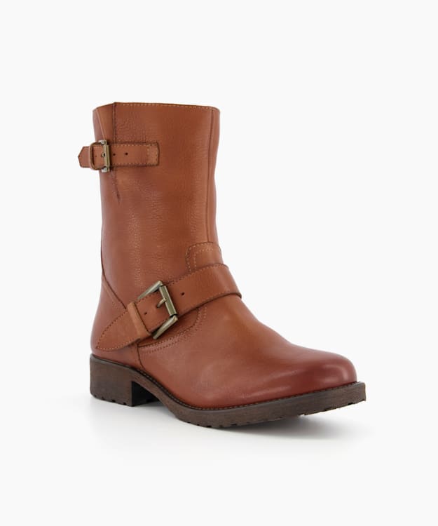 Dune London Rokka - Tan Buckle Strap Biker Boots