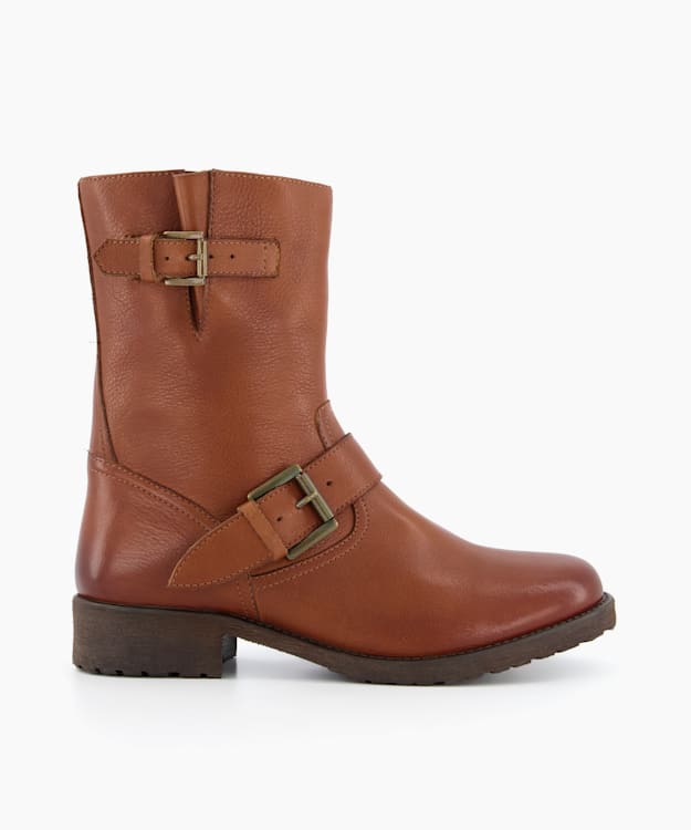 dune london Rokka - Tan Buckle Strap Biker Boots