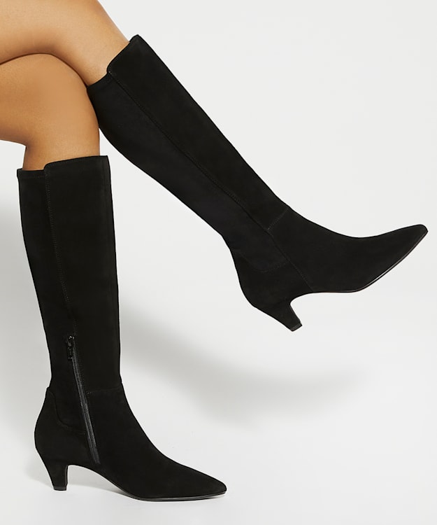 Dune London Sera - Black Low Suede Knee-High Boots