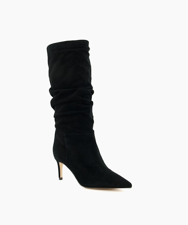 Dune London Slouch - Black Ruched Suede Heeled Boots