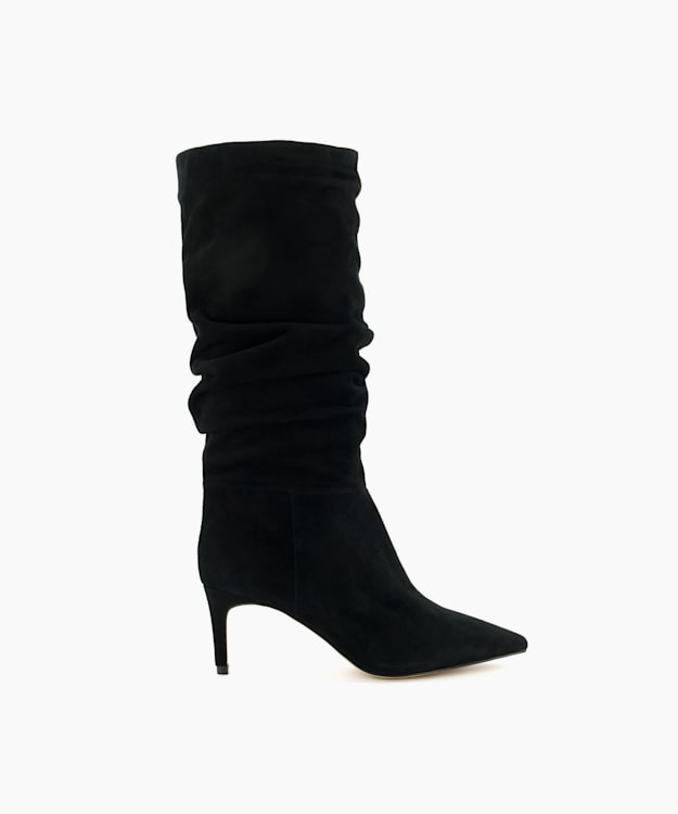 dune london Slouch - Black Ruched Suede Heeled Boots