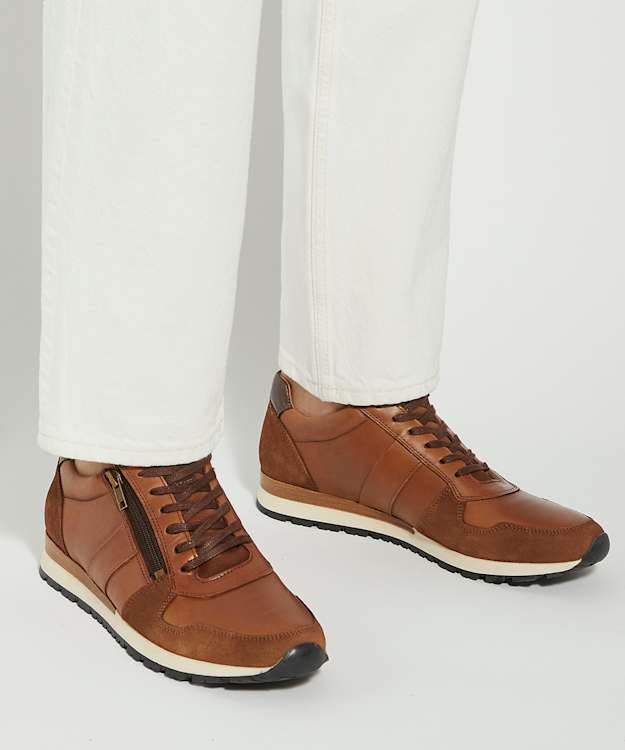 Dune London Thame - Tan Zip Up Leather Trainers