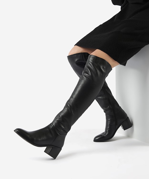 Dune London Trinny - Black Leather Knee-High Boots