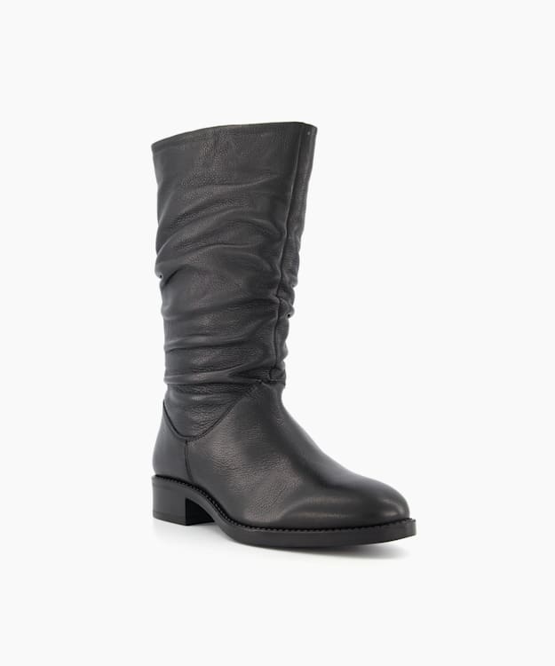 Dune London Tyling - Black Ruched Leather Calf Boots