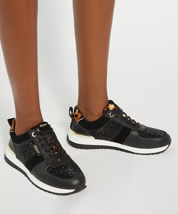 Dune London Ego - Black Glitter Detail Lace Up Trainers