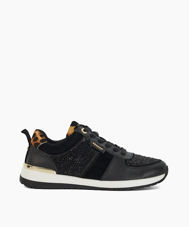 dune london Ego - Black Glitter Detail Lace Up Trainers