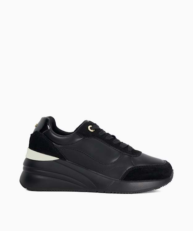 dune london Elatie - Black Wedge Heel Lace Up Trainers