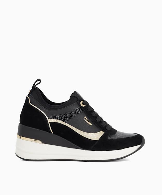 dune london Ellaina - Black Suede Wedge Lace-Up Trainers