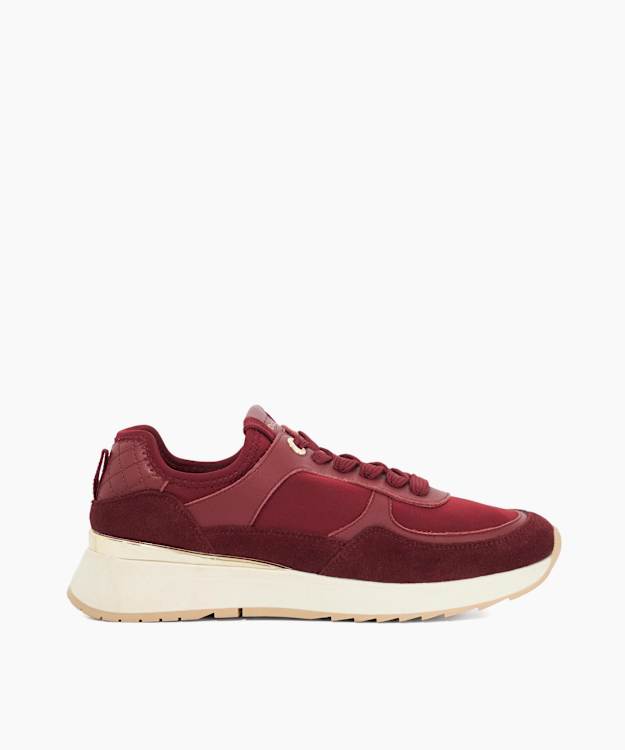dune london Emi - Burgundy Suede Wedge Heel Lace Up Trainers