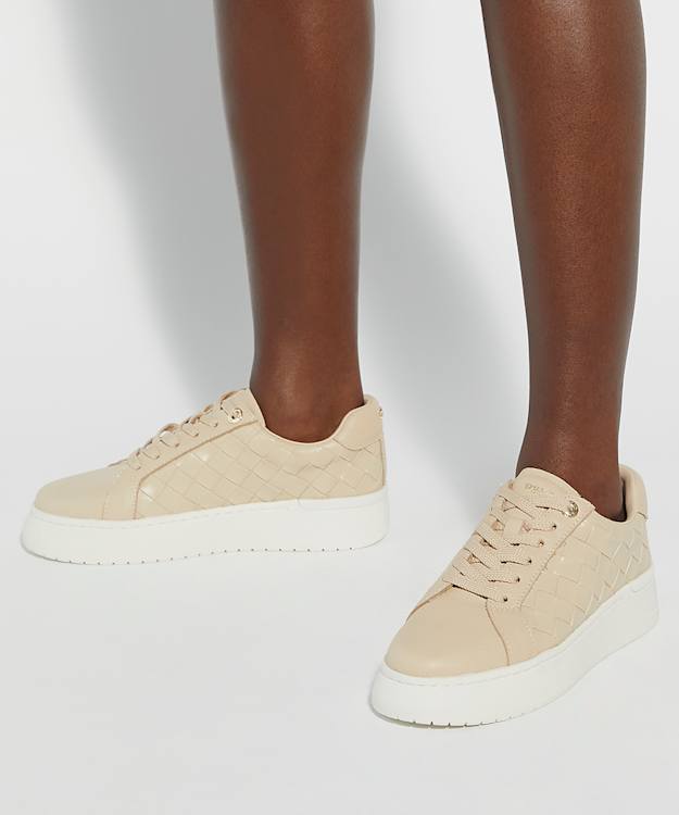 Dune London Emmee - Beige Leather Woven Cupsole Trainers