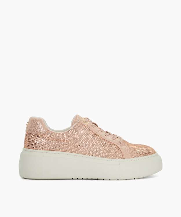 dune london Estrids - Rose Gold Lace-Up Branded Chunky Cupsole Trainers
