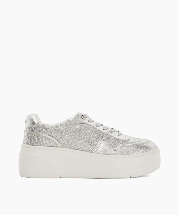 dune london Evangelyn - Silver Lace Up Chunky Flatform Trainers