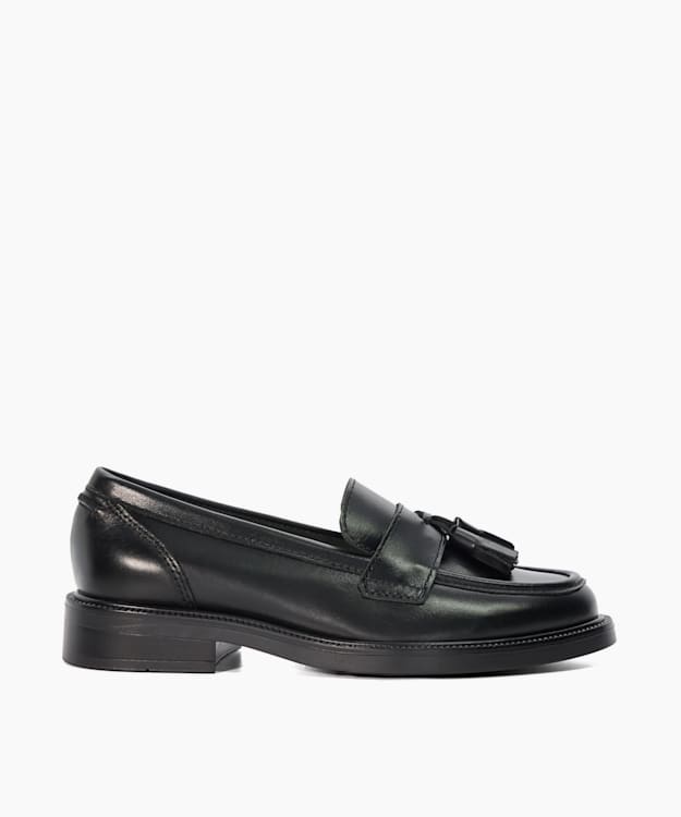 dune london Garda - Black Leather Tassel Trim Loafers
