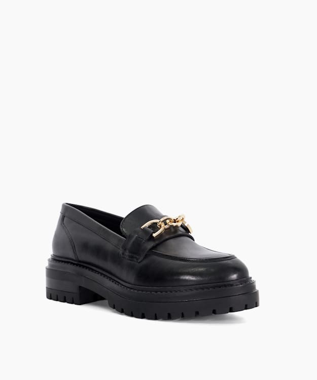 Dune London Gemmas - Black Leather Chain Trim Chunky Loafers
