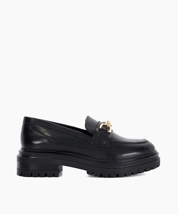 dune london Gemmas - Black Leather Chain Trim Chunky Loafers