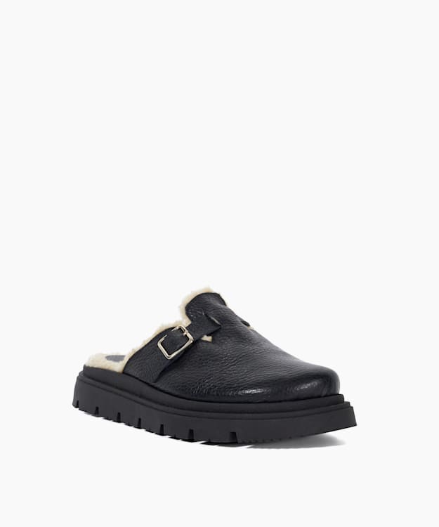 Dune London Gene - Black Leather Faux Shearling-Lined Clogs