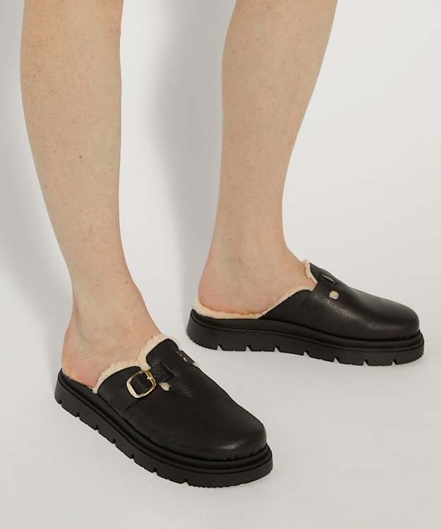 Dune London Gene - Black Leather Faux Shearling-Lined Clogs