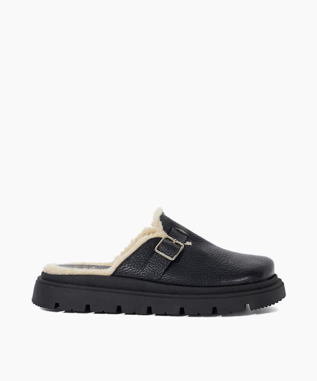 dune london Gene - Black Leather Faux Shearling-Lined Clogs