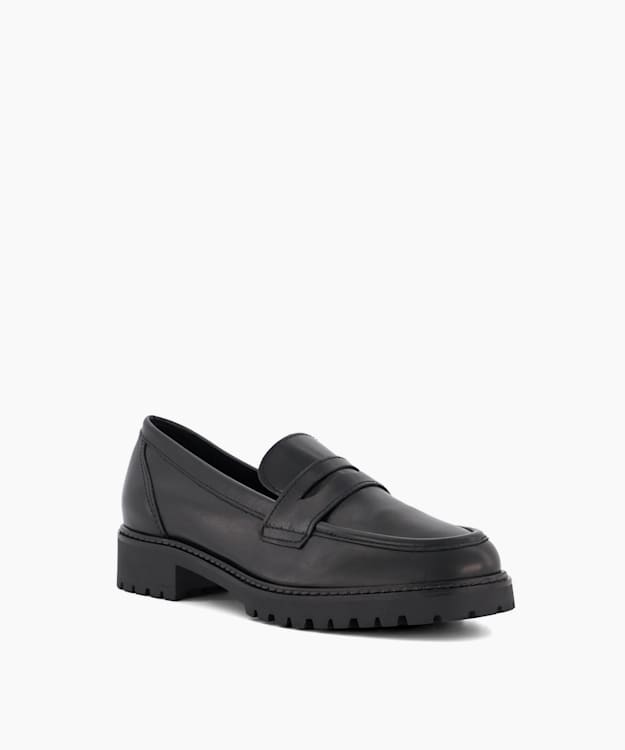 Dune London Gild - Black Cleated-Sole Leather Penny-Trim Loafers