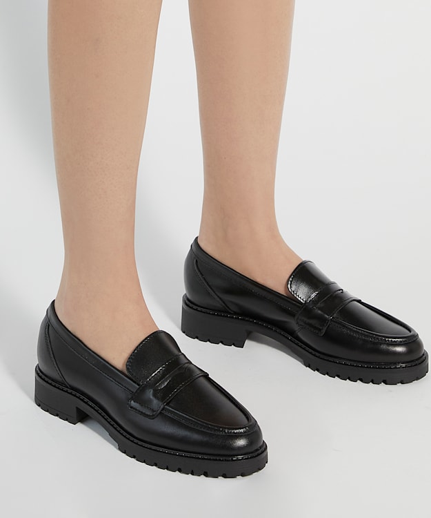 Dune London Gild - Black Cleated-Sole Leather Penny-Trim Loafers