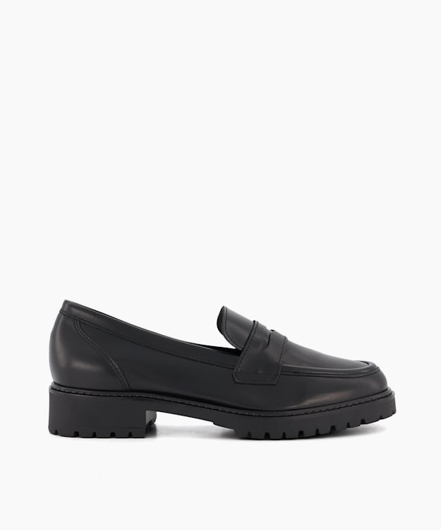 dune london Gild - Black Cleated-Sole Leather Penny-Trim Loafers