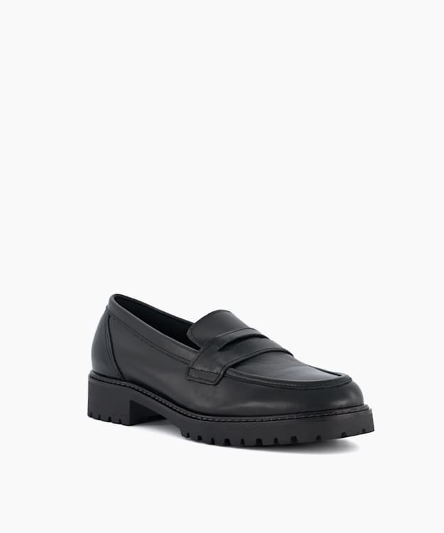 Dune London Gild - Black Wide Fit Leather Cleated Penny Loafers