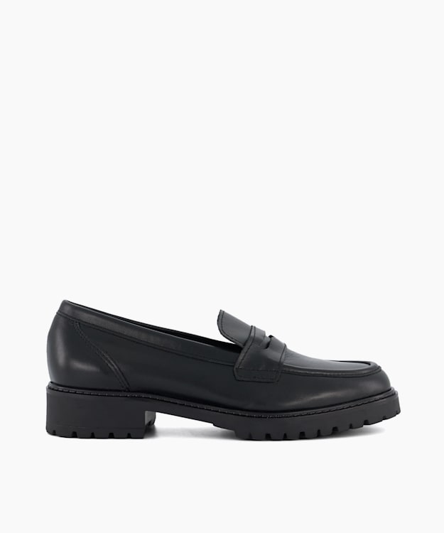 dune london Gild - Black Wide Fit Leather Cleated Penny Loafers
