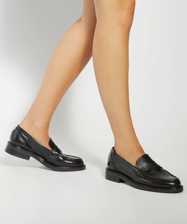 Dune London Giya - Black Almond Toe Leather Penny Loafers