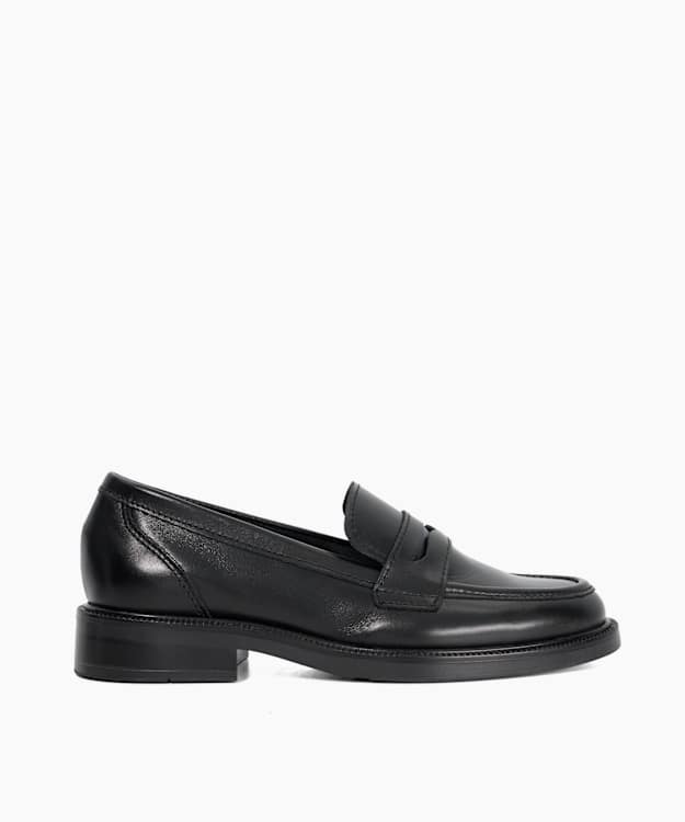 dune london Giya - Black Almond Toe Leather Penny Loafers