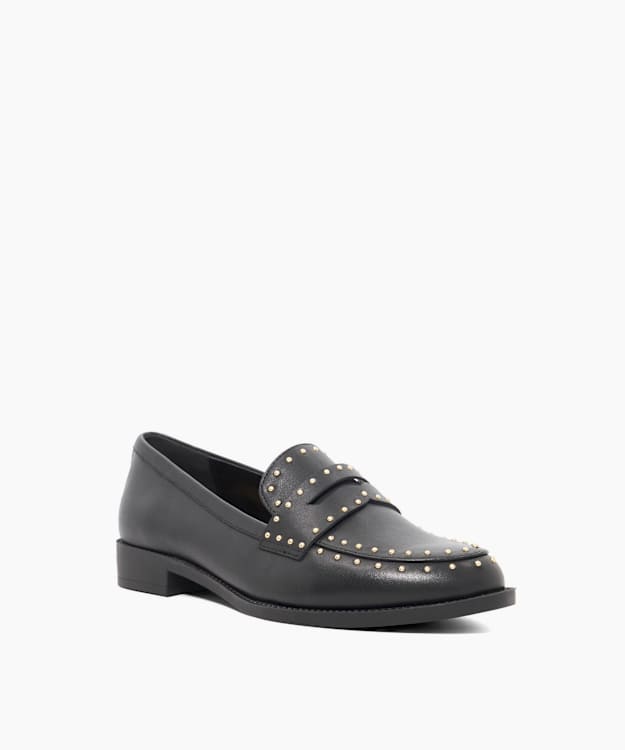 Dune London Gladwin - Black Leather Stud Detail Penny Trim Loafers