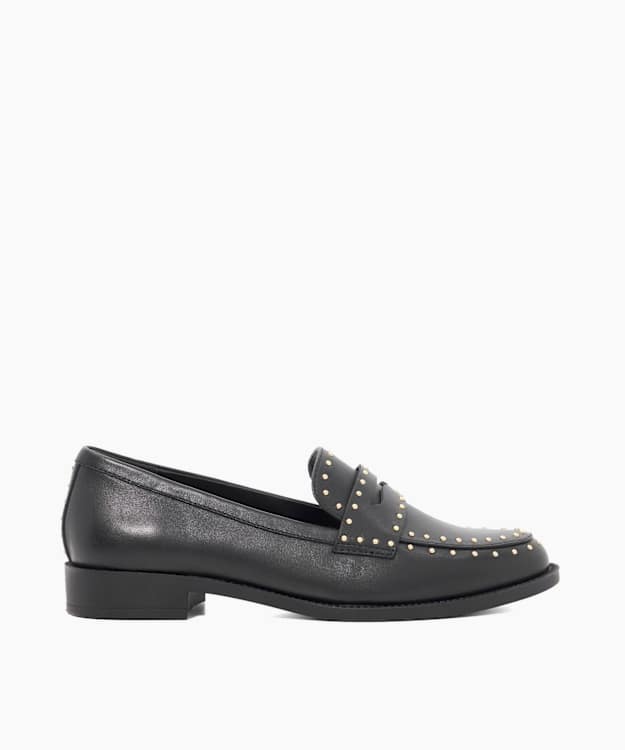 dune london Gladwin - Black Leather Stud Detail Penny Trim Loafers