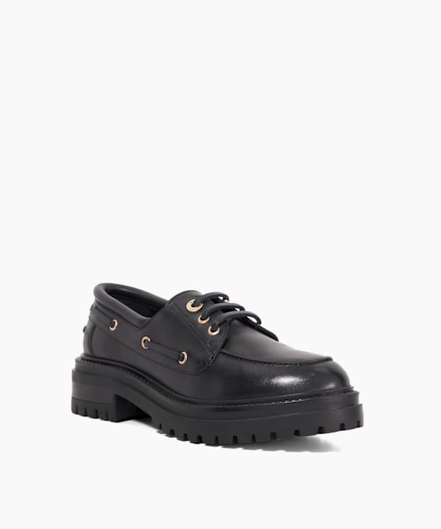 Dune London Glazit - Black Leather Cleated Sole Boat Shoes