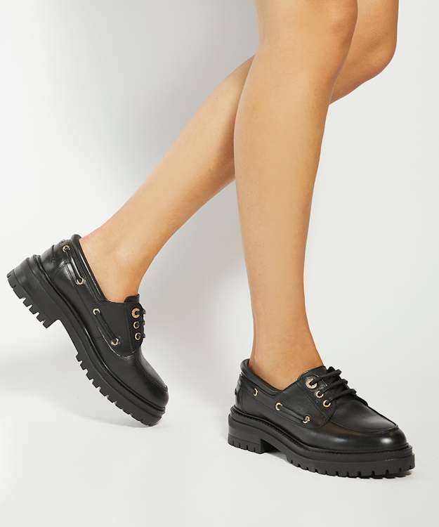 Dune London Glazit - Black Leather Cleated Sole Boat Shoes