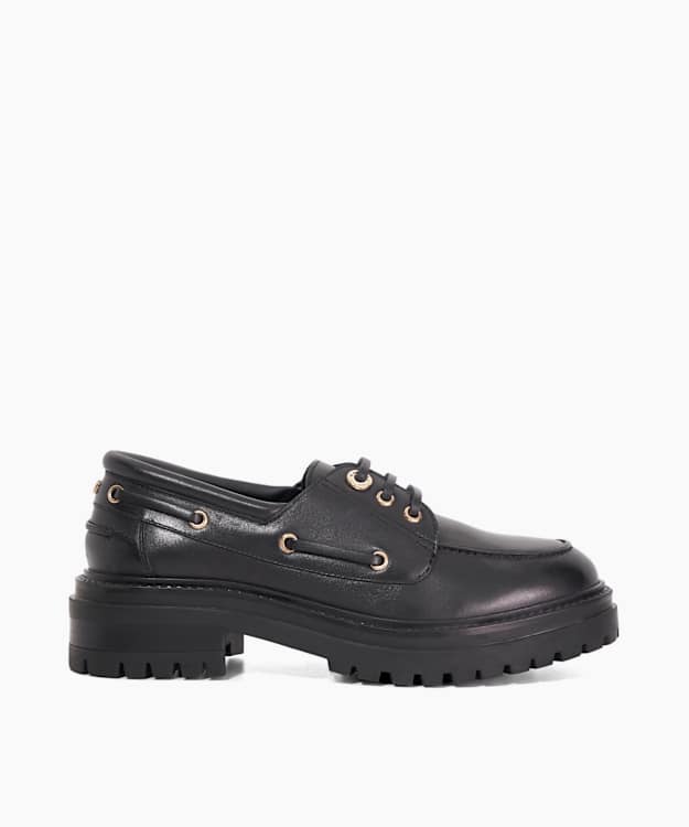 dune london Glazit - Black Leather Cleated Sole Boat Shoes