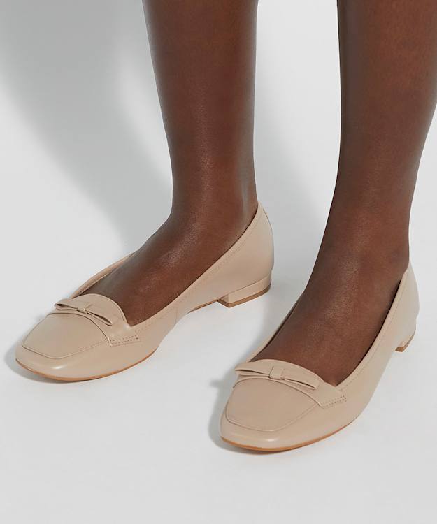 Dune London Glows - Taupe Leather Square Toe Bow Trim Flat
