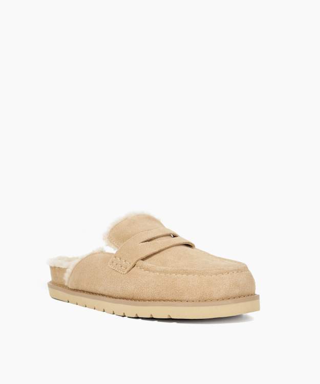 Dune London Goldy - Beige Faux Shearling Lined Backless Mule Suede Loafers
