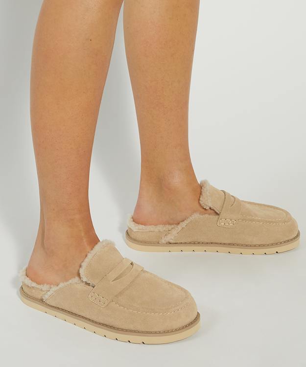 Dune London Goldy - Beige Faux Shearling Lined Backless Mule Suede Loafers
