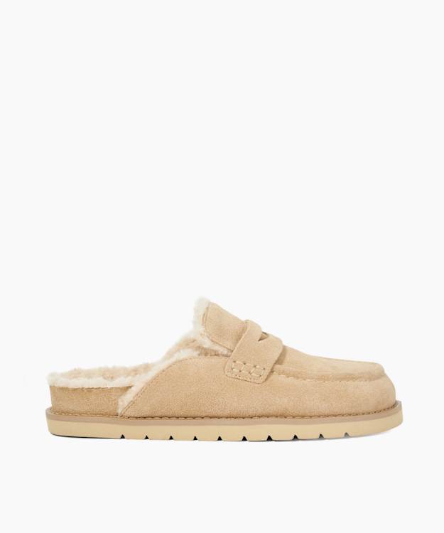 dune london Goldy - Beige Faux Shearling Lined Backless Mule Suede Loafers