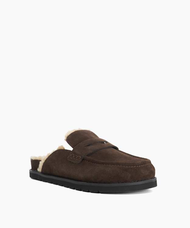 Dune London Goldy - Brown Faux Shearling Lined Backless Mule Suede Loafers