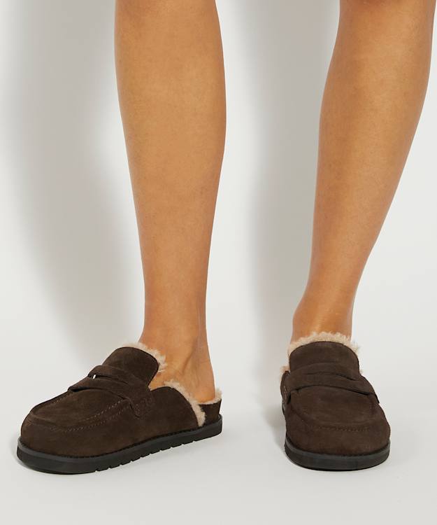 Dune London Goldy - Brown Faux Shearling Lined Backless Mule Suede Loafers
