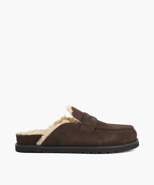 dune london Goldy - Brown Faux Shearling Lined Backless Mule Suede Loafers