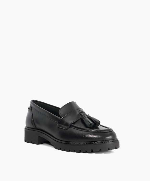 Dune London Gracelyn - Black Cleated Sole Leather Tassel Trim Loafers